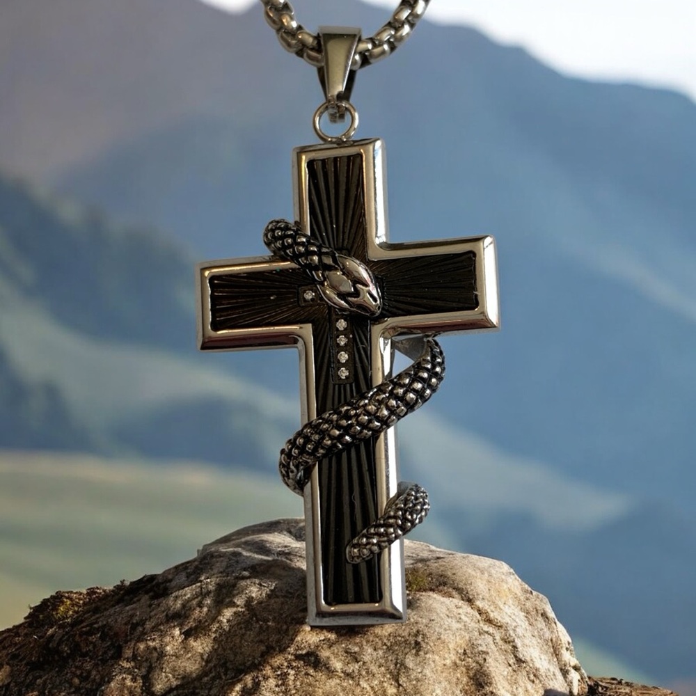 Silver and Black Serpent on the Cross Pendant in gorgeous stainless steel.